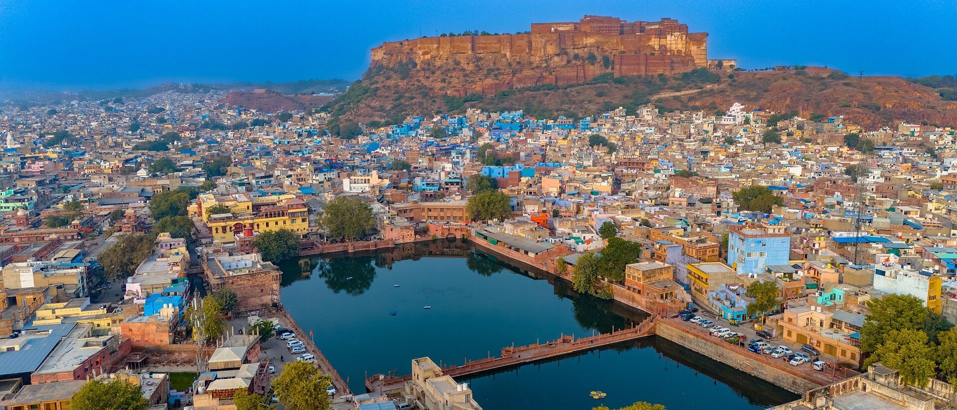 Mehrangarh Fort rising above the blue rooftops of Jodhpur