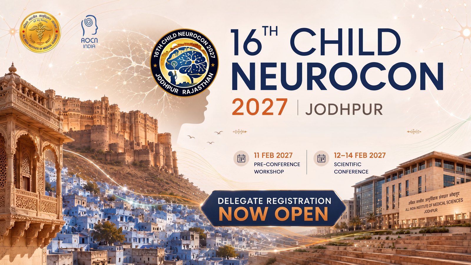 16th Child Neurocon 2027 announcement poster — Mehrangarh Fort, the Blue City and the AIIMS Jodhpur campus